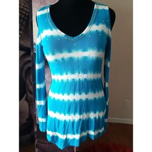 Fontana Womens Teal White Sweater Rhinestone Embellished‎ Cold Shoulder Top M